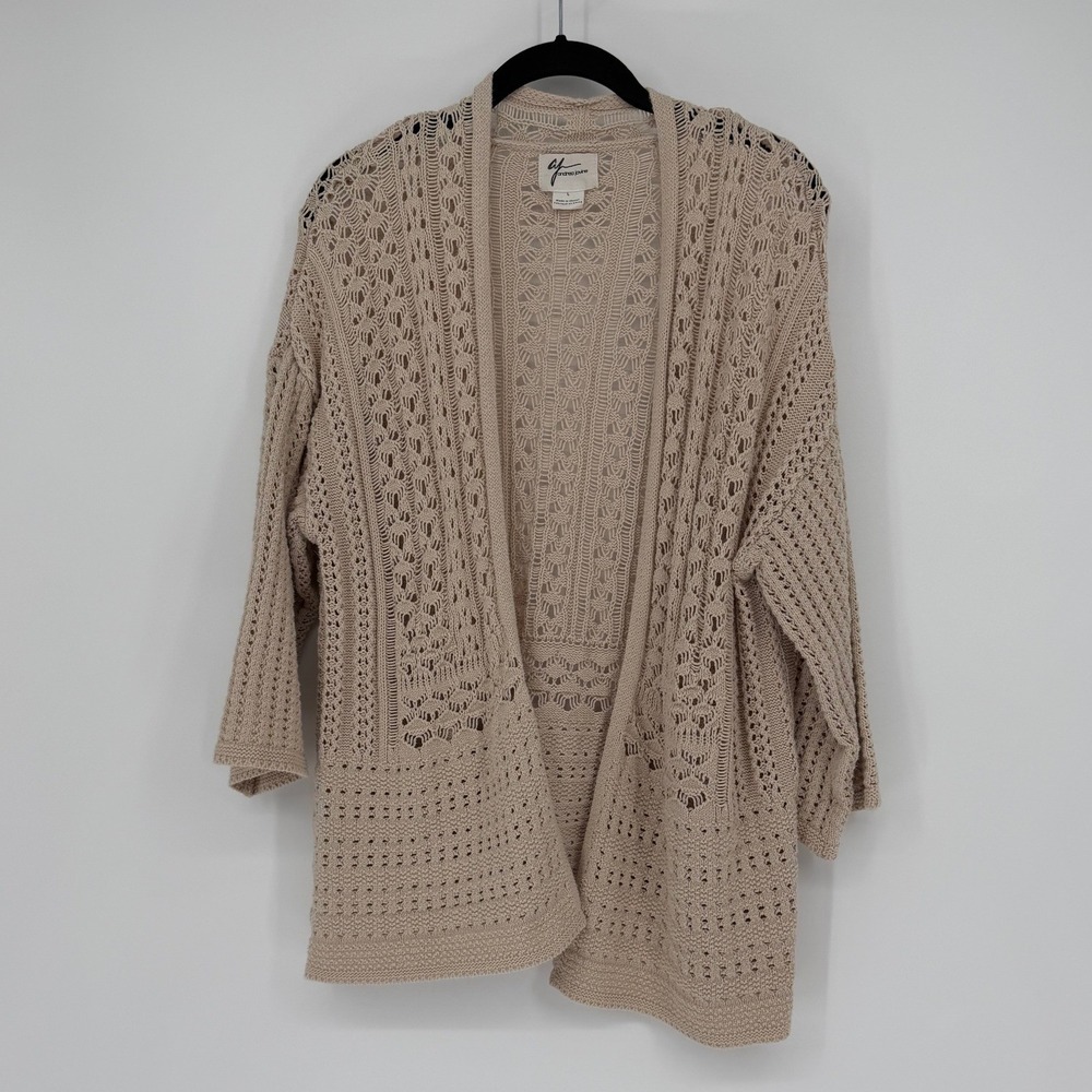 Andrea Jovine Womens Beige Pointelle Knit Open Front Cardigan Sweater Size L